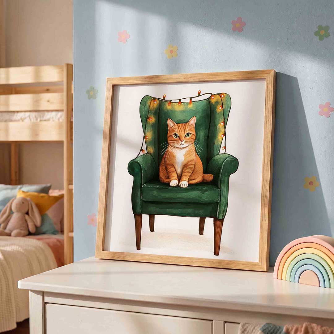 Kat op groene stoel – speelse wandkunst als vierkante kinderposter