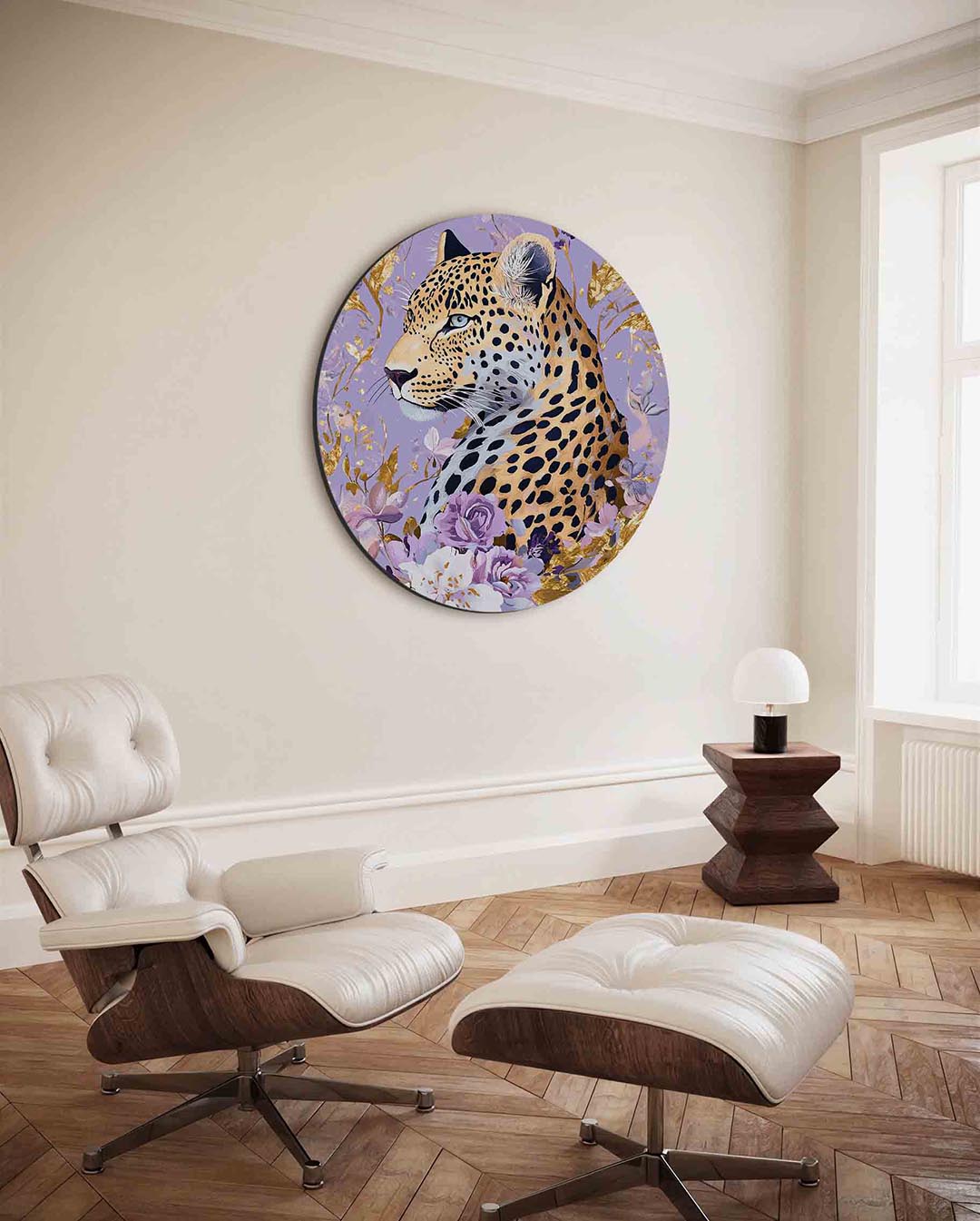 Luipaard en bloemen – kleurrijke ronde wanddecoratie van WallArtistic