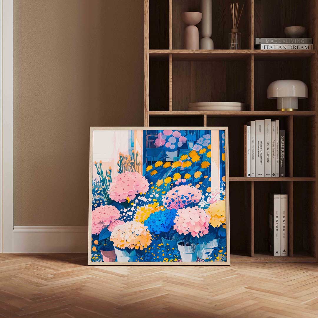 Bloemen en potten – kleurrijke vierkante wanddecoratie van WallArtistic
