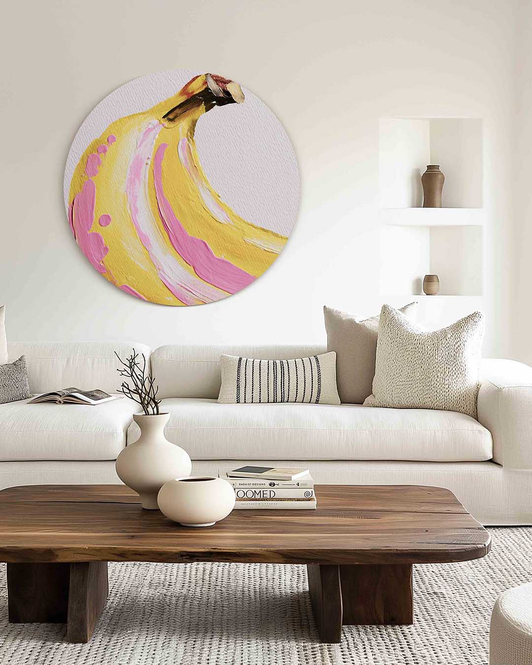 Banaan met roze accenten – illustratie muurcirkel als ronde muurdecoratie