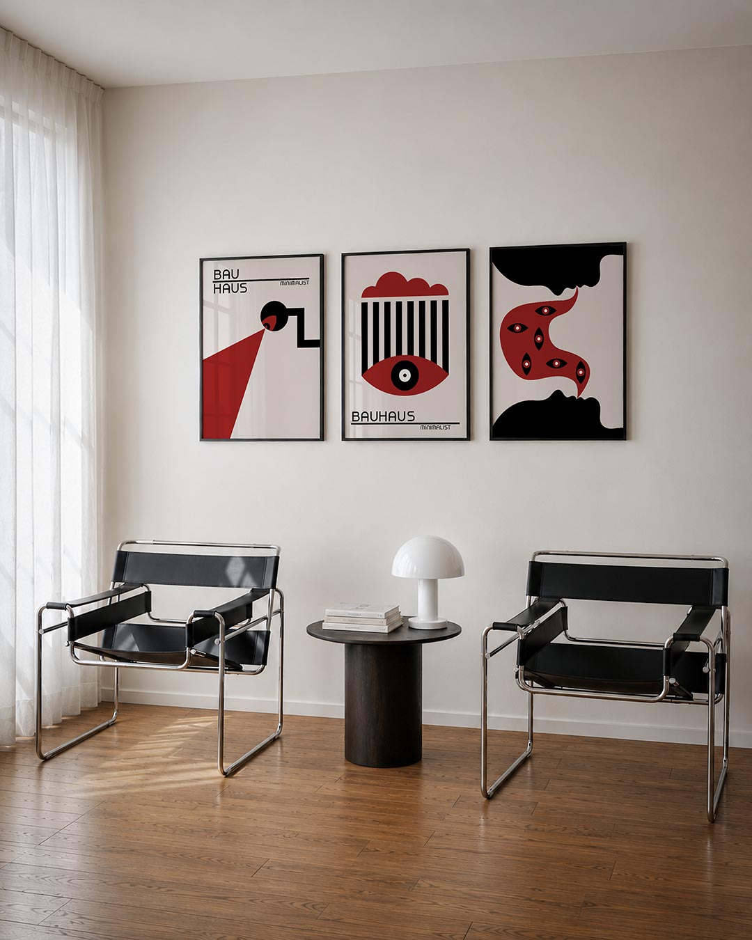 Lijnen en kleurvlakken driedelige posterset – deze posterset in drie delen toont een spel van zwarte lijnen en rode