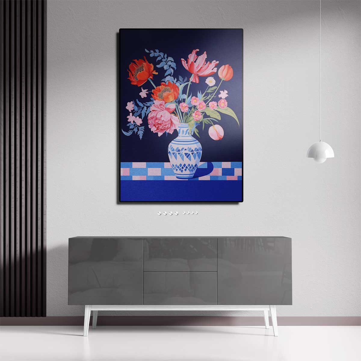 Bloemenpracht in Blauwe Vaas – canvas kunstwerk als wanddecoratie