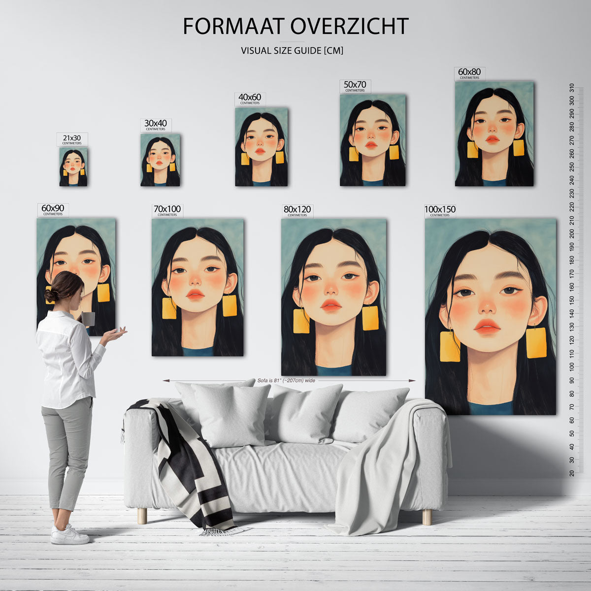 Portret met gele oorbellen – staande muurposter voor een modern interieur