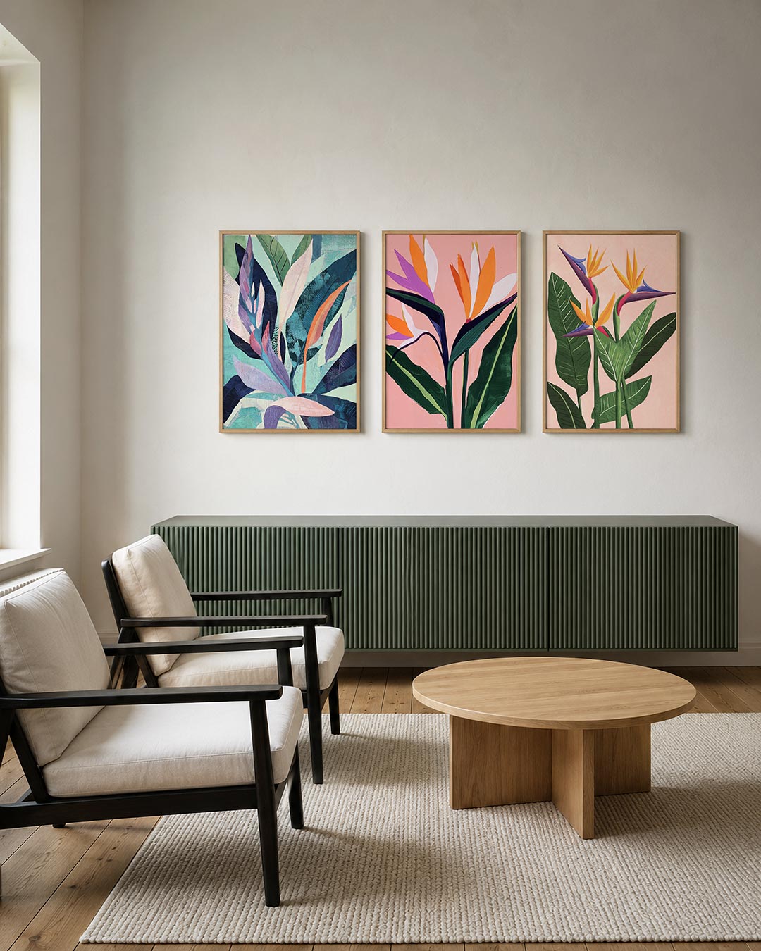Bladvormen en kleuren posterset – tweede productweergave – deze posterset in drie delen toont een speelse mix van