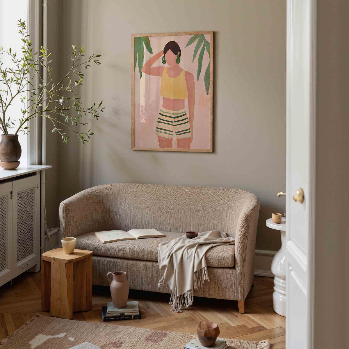 Vrouw met groene oorbellen – pastel poster in staand formaat