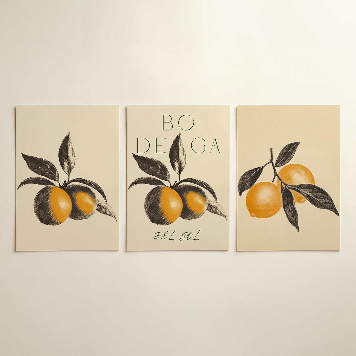 Vruchten en bladeren driedelige posterset in interieur
