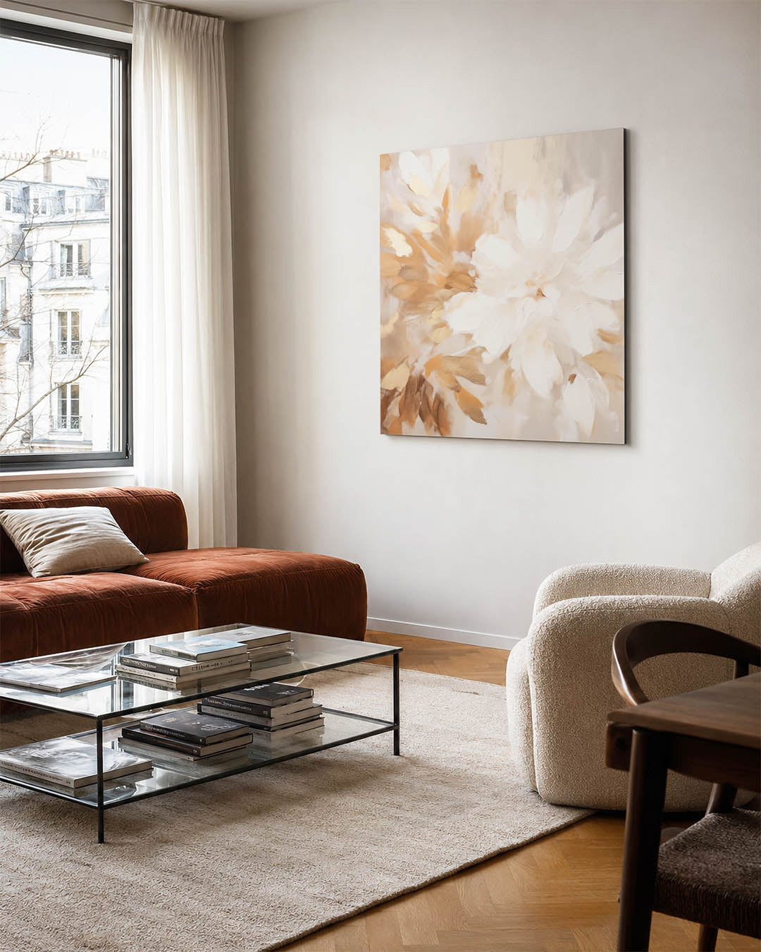 Organische bloemvormen kunstwerk – vierkante wanddecoratie – dit kunstwerk toont vloeiende bloemvormen in zachte beige en