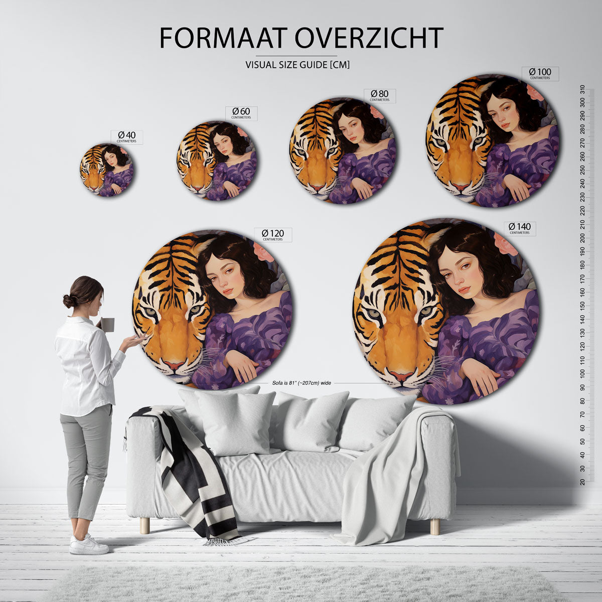 Tijger en vrouw – abstracte wandkunst met textuur als muurcirkel
