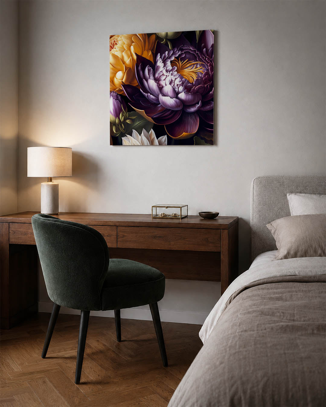 Bloemrijke harmonie kunstwerk – materiaalweergave – dit kunstwerk toont een weelderige compositie van bloemen in rijke