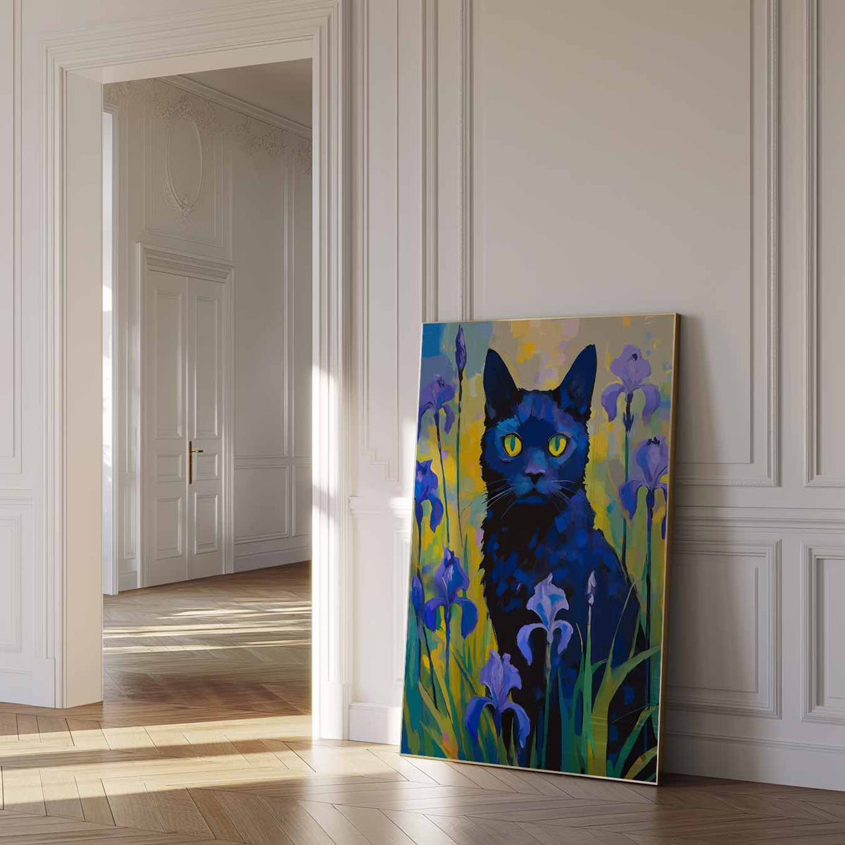Mystieke Kat in Bloementuin – dierenposter als moderne staande wanddecoratie
