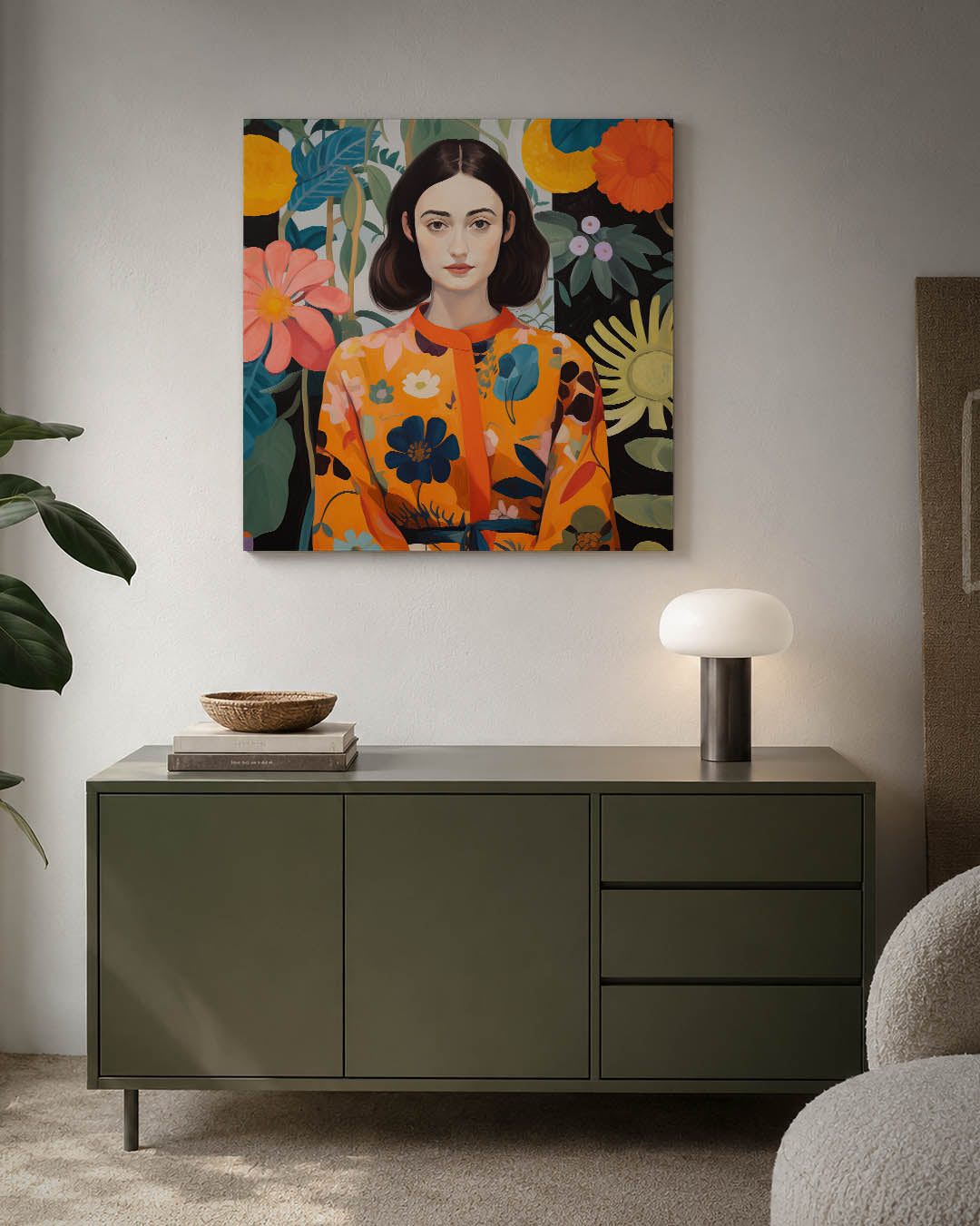 Vrouw met bloemen kunstwerk – detailweergave – dit werk toont een vrouw omringd door kleurrijke bloemen. De levendige kleuren