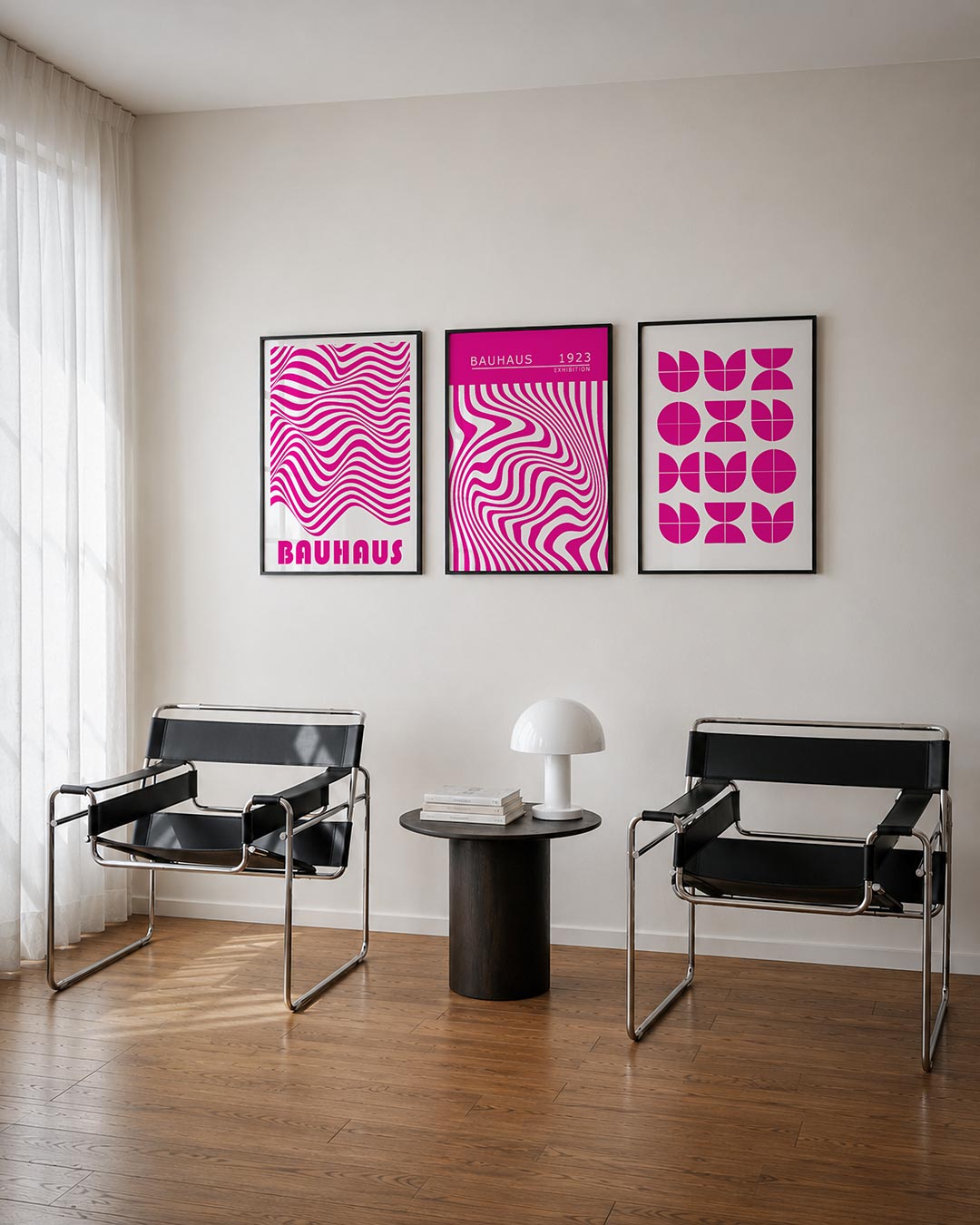 Golvend lijnenspel posterset – tweede productweergave – deze posterset in drie delen toont vloeiende roze lijnen