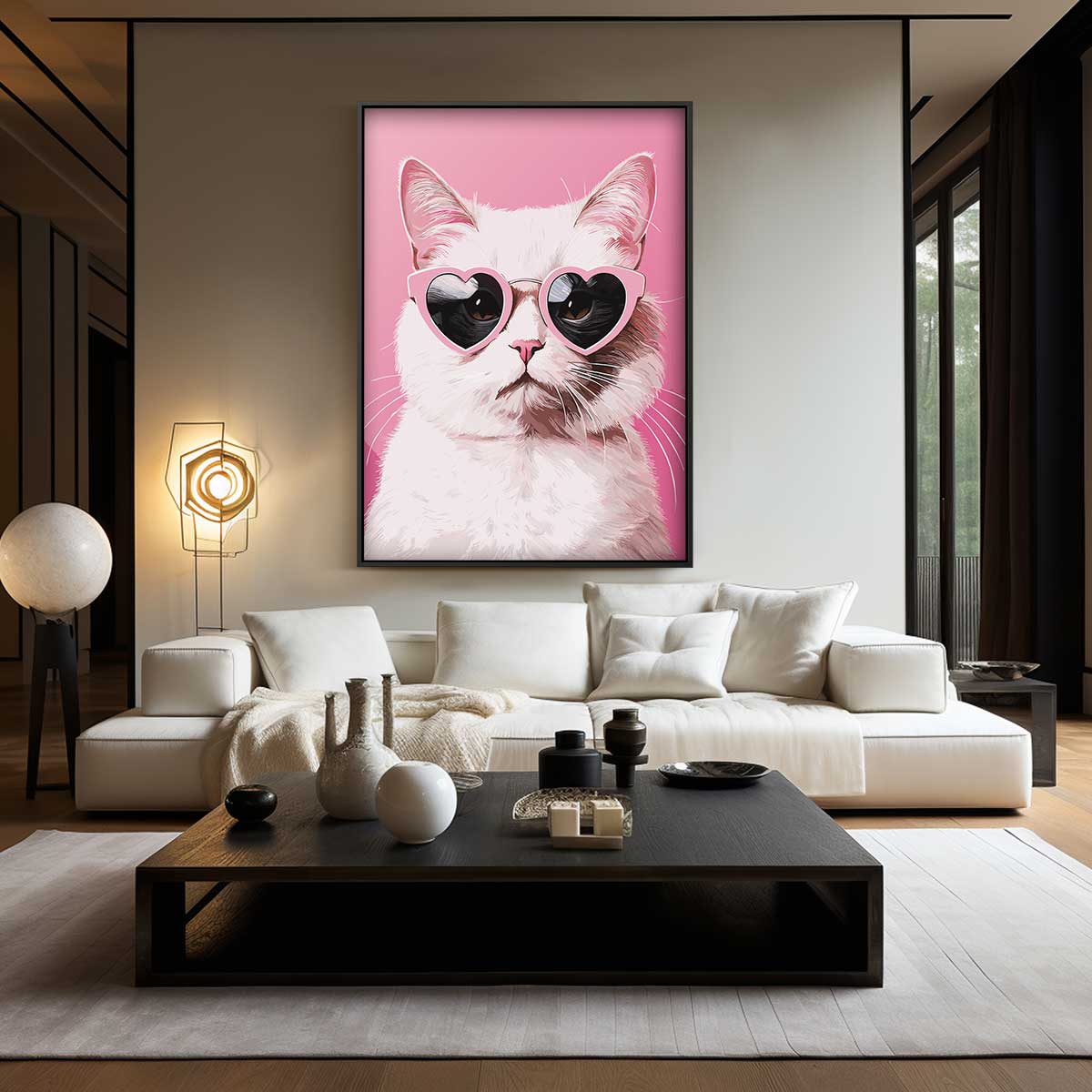 Coole Kat met Hartjesbril – kunstwerk met zwarte baklijst