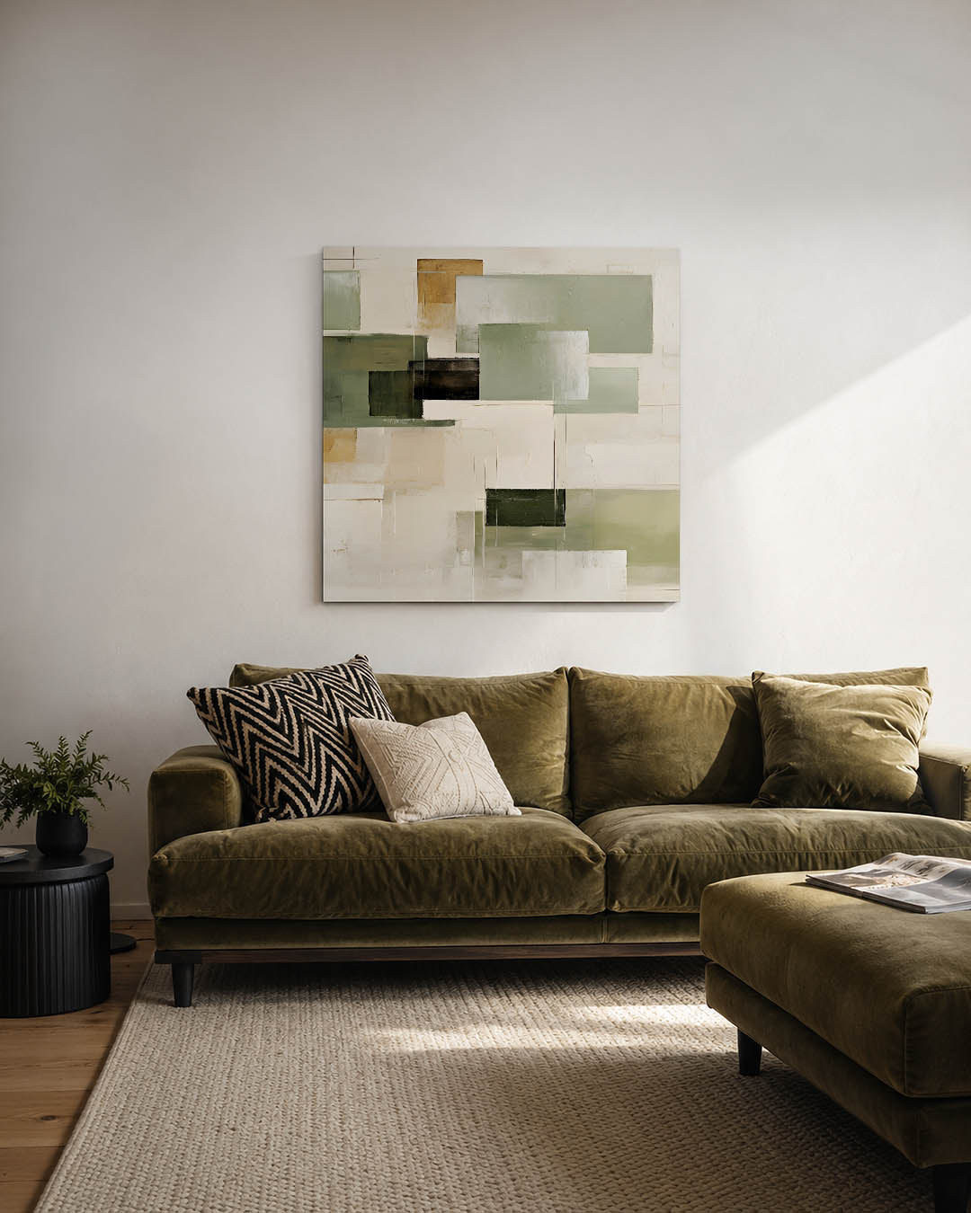 Geometrische vlakken kunstwerk – derde productweergave – dit werk toont een compositie van rechthoekige vormen in zachte