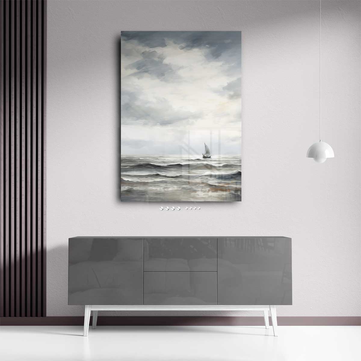 Eenzaam Zeilschip op de Woelige Zee – staand kunstwerk voor modern interieur