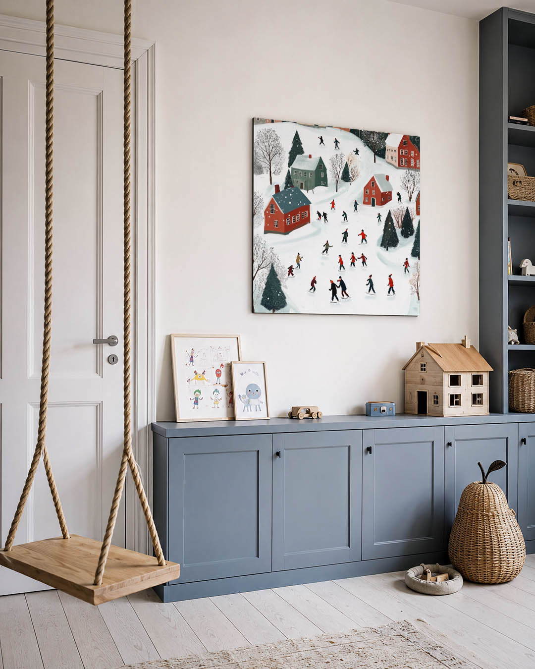 Winterse ijsschaatsers kunstwerk – vierkante wanddecoratie – dit kunstwerk toont een levendig wintertafereel met schaatsers