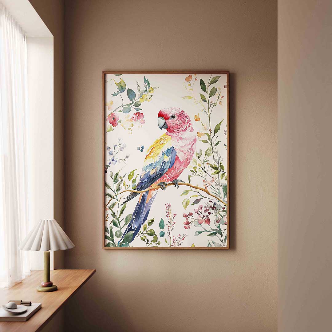 Papegaai en bloemen – staande jungle wanddecoratie van WallArtistic