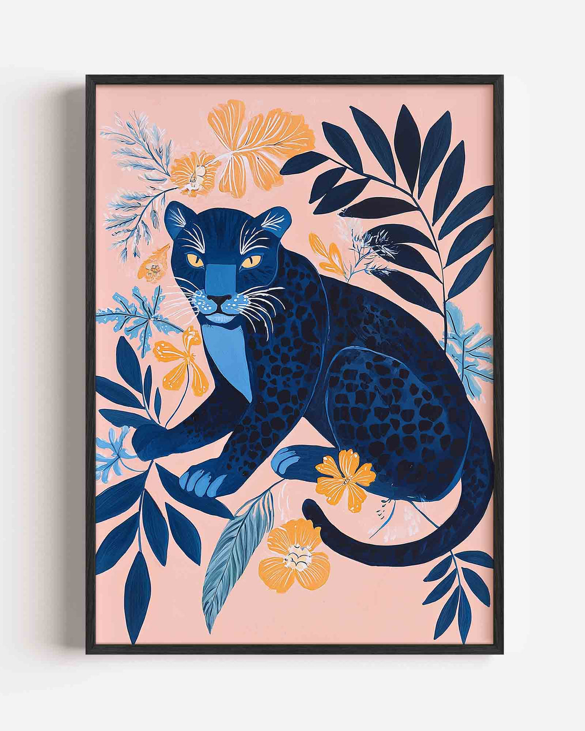 Blauwe panter en bloemen – dieren portret poster als wanddecoratie