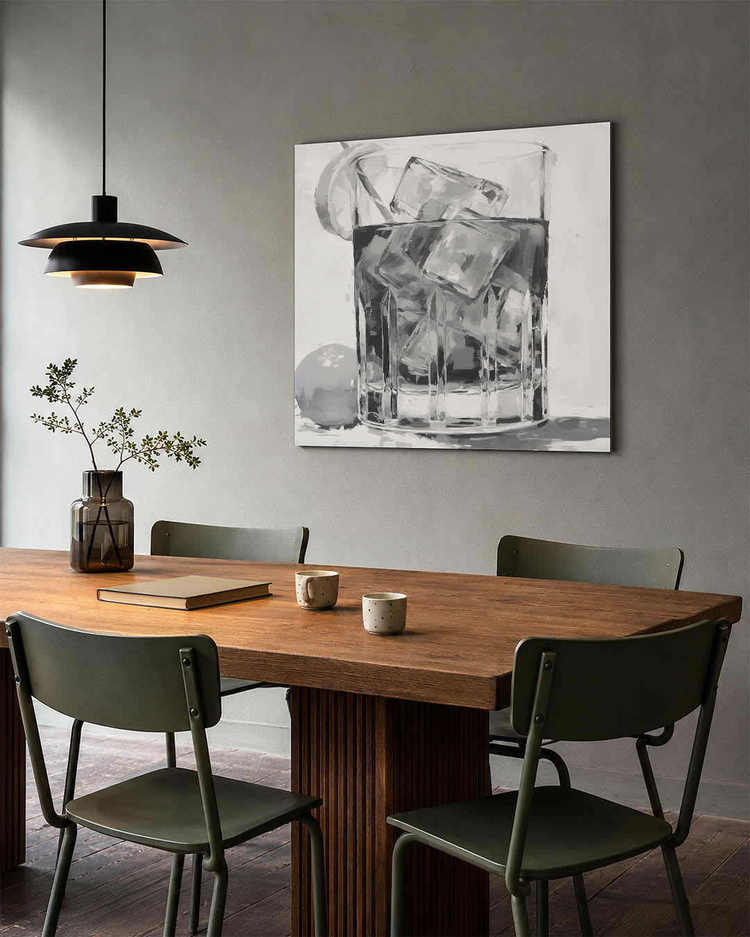 Glas met ijsblokjes kunstwerk – tweede productweergave – een glas gevuld met ijsblokjes en een schijfje citroen. De