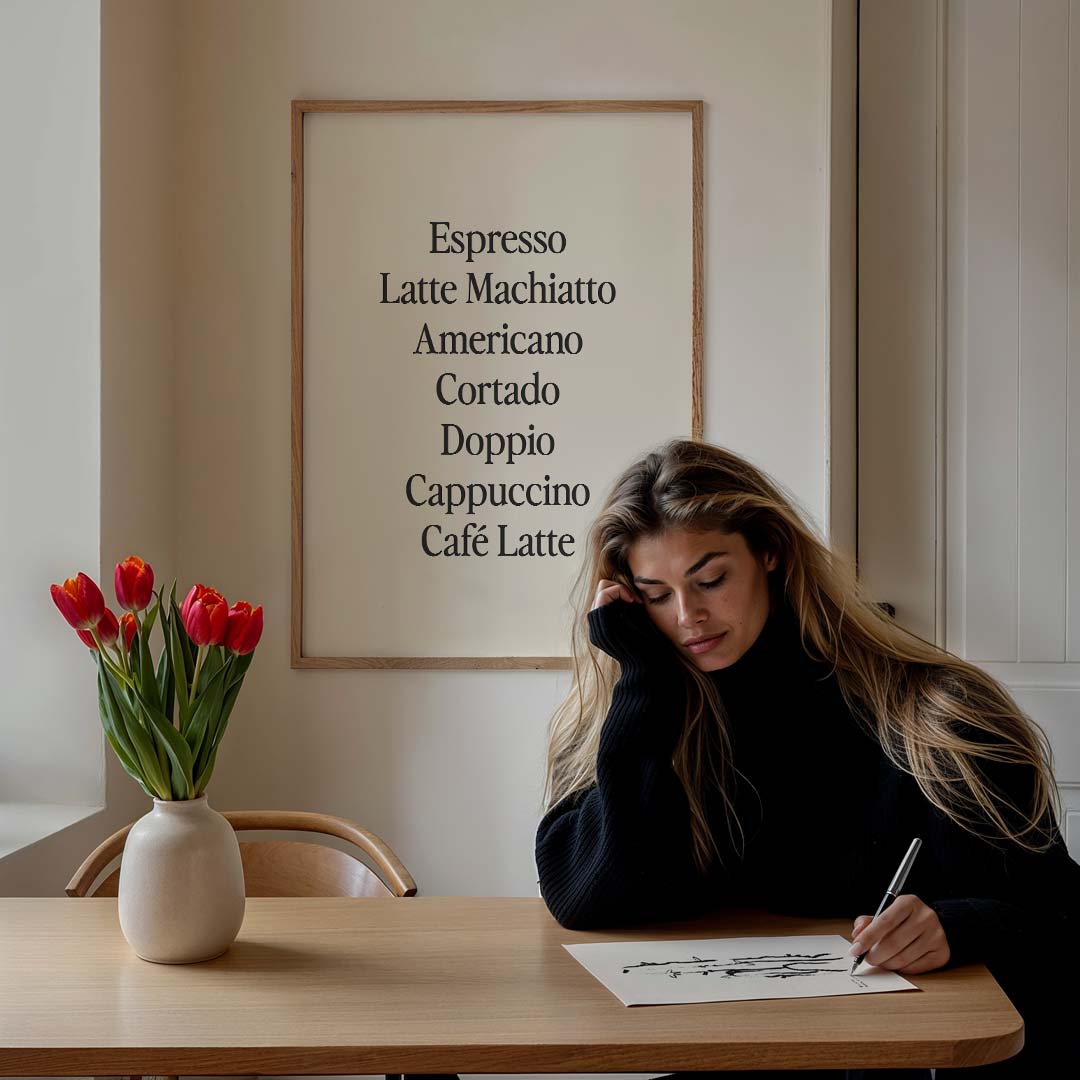 Koffievarianten Design – staande muurposter met tekst en typografie
