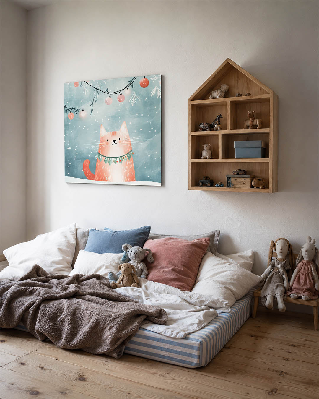 Speelse kat illustratie kunstwerk – derde productweergave – een vrolijke kat met een krans om de nek, omringd door