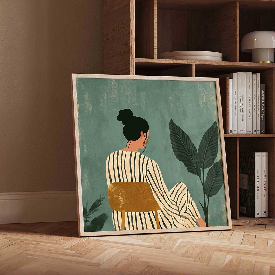 Vrouw met plant – vierkante moderne wanddecoratie van WallArtistic