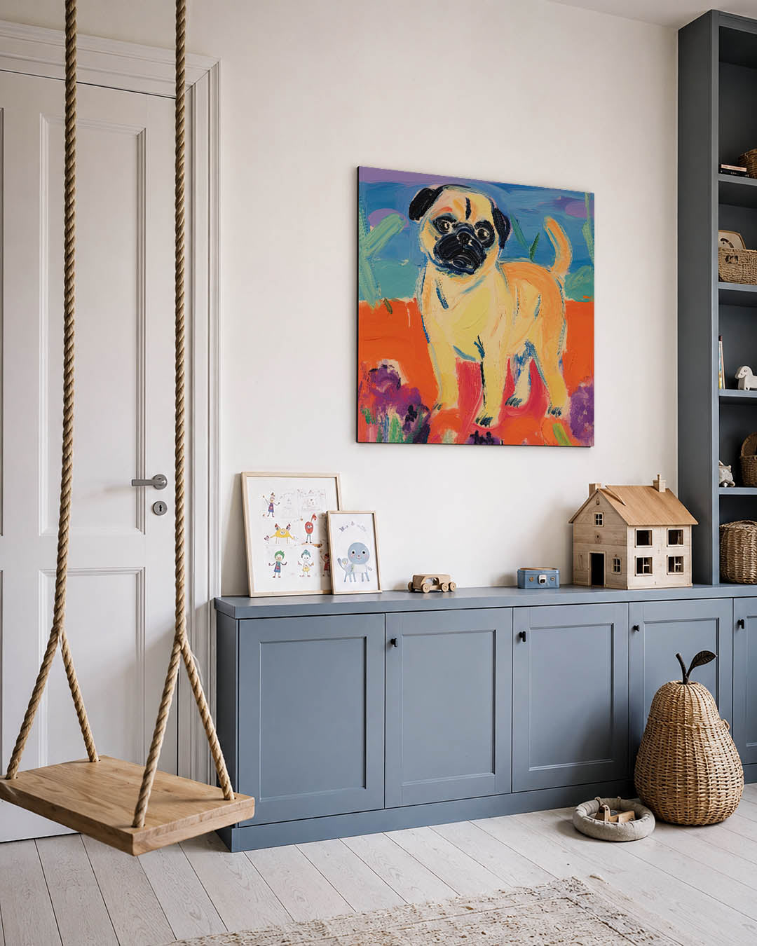 Kleurrijke hond kunstwerk – vierkante wanddecoratie – dit werk toont een hond in levendige kleuren. De achtergrond heeft