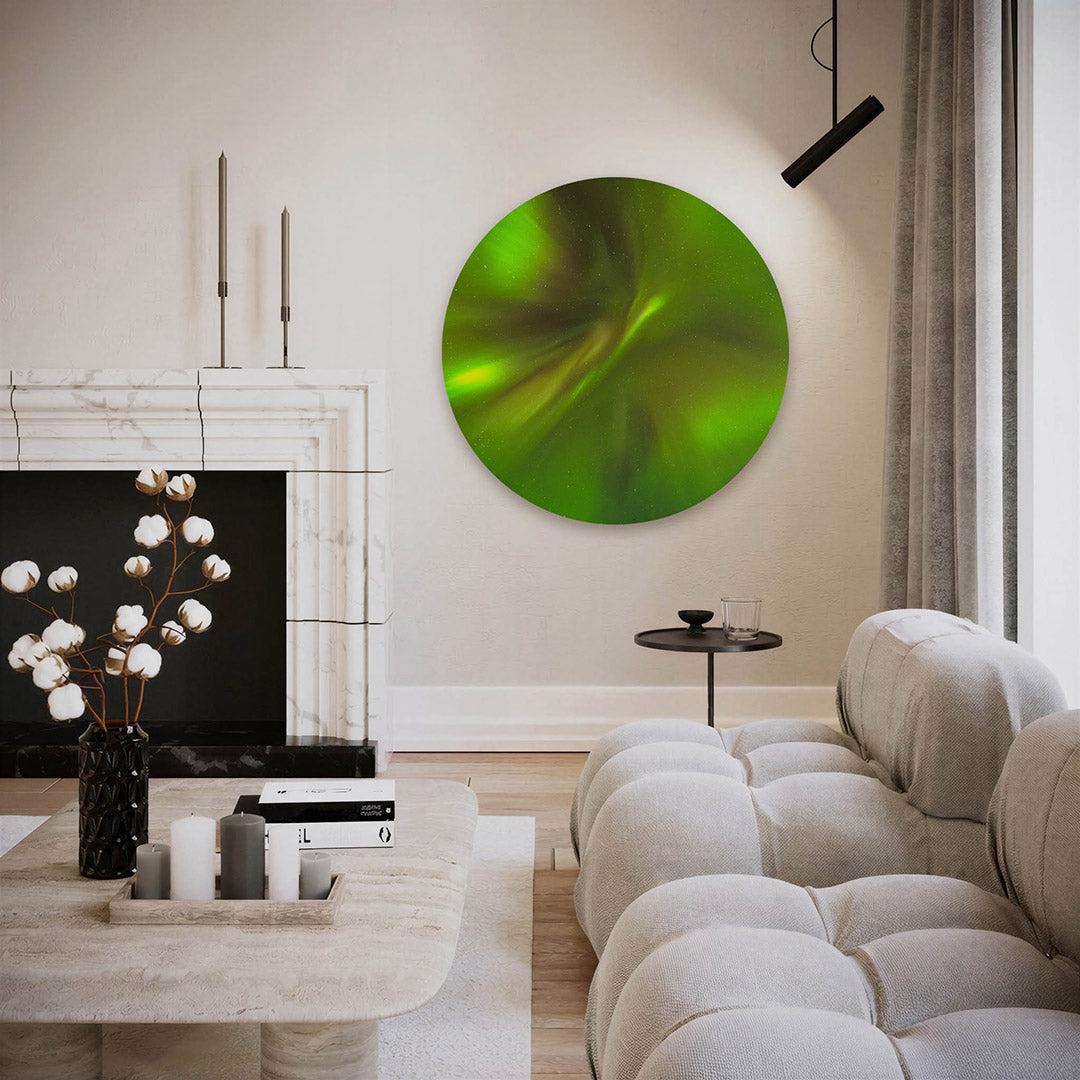 Groene lichtstralen – ronde fotografie wanddecoratie van WallArtistic