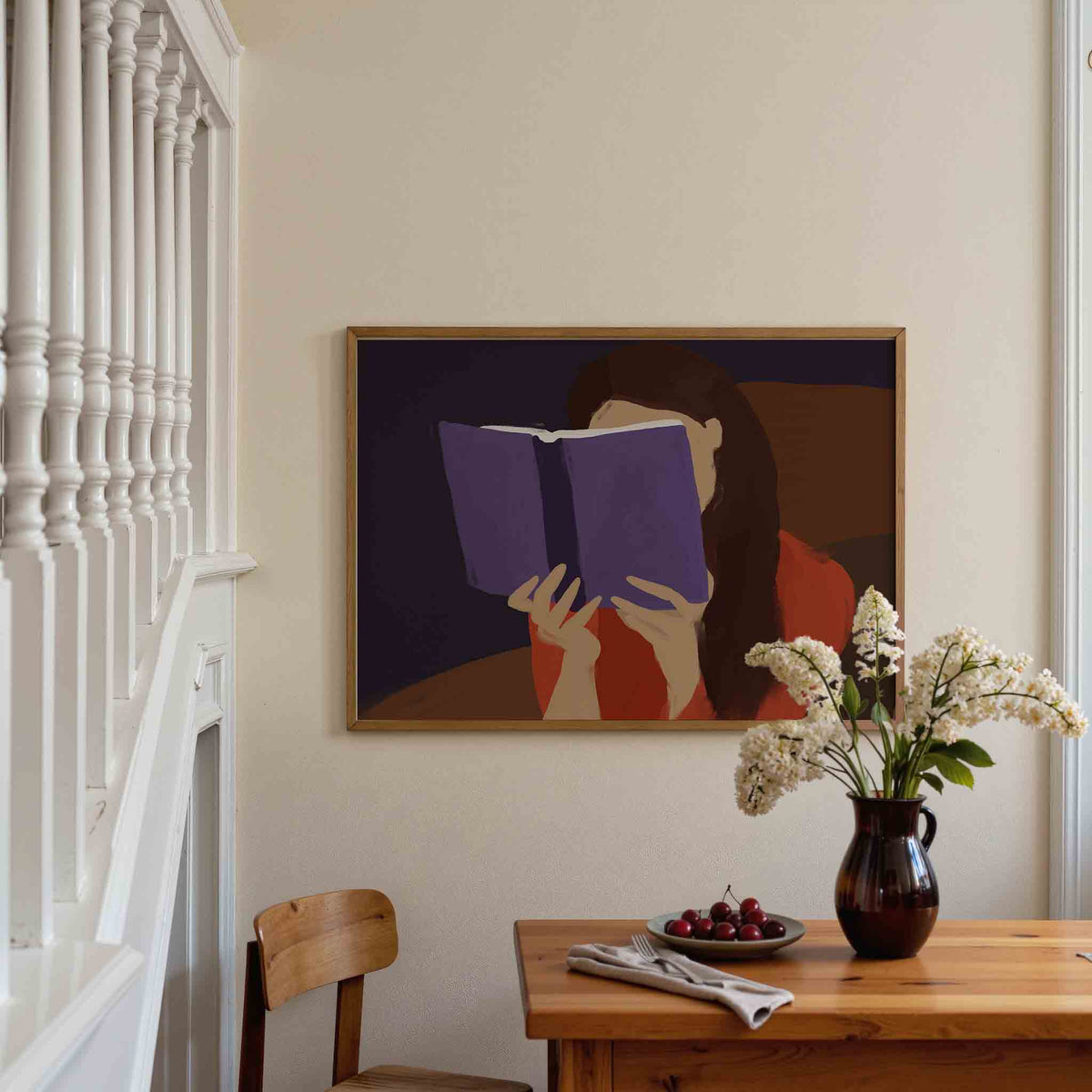 Lezende vrouw – liggende illustratie poster als wanddecoratie