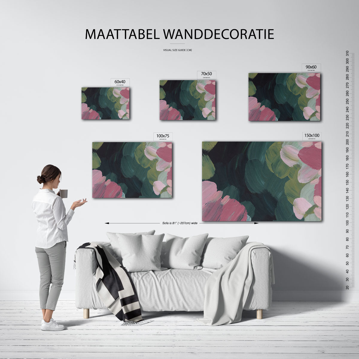 Kleurrijke penseelstreken – moderne liggende wandkunst