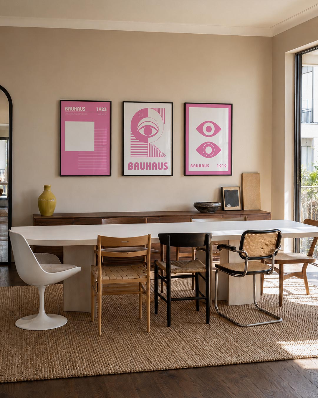 Roze lijnenspel driedelige posterset – een roze achtergrond met een groot wit vierkant en fijne horizontale lijnen aan de