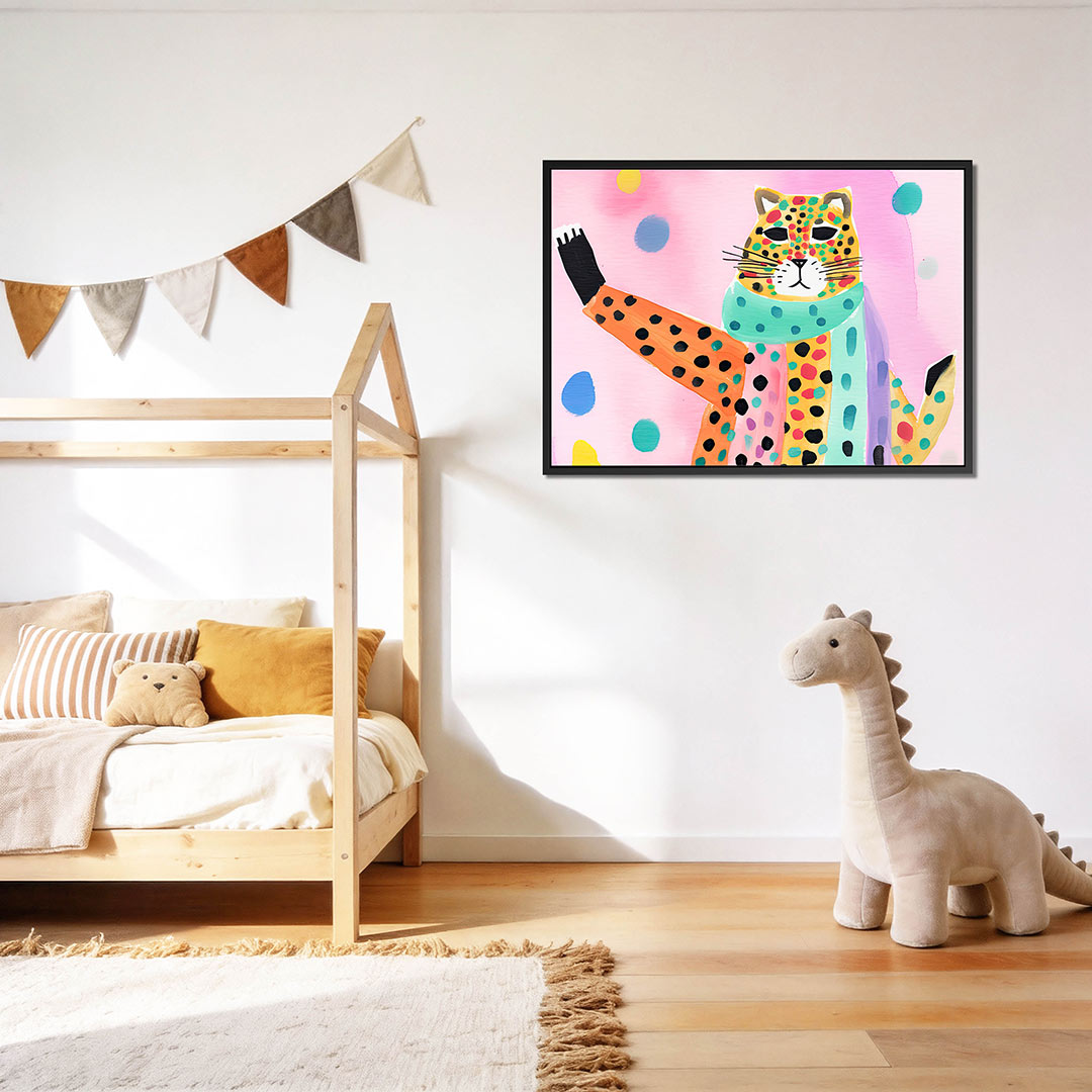 Vrolijke luipaard illustratie – Kleurrijke – op canvas, dibond of plexiglas