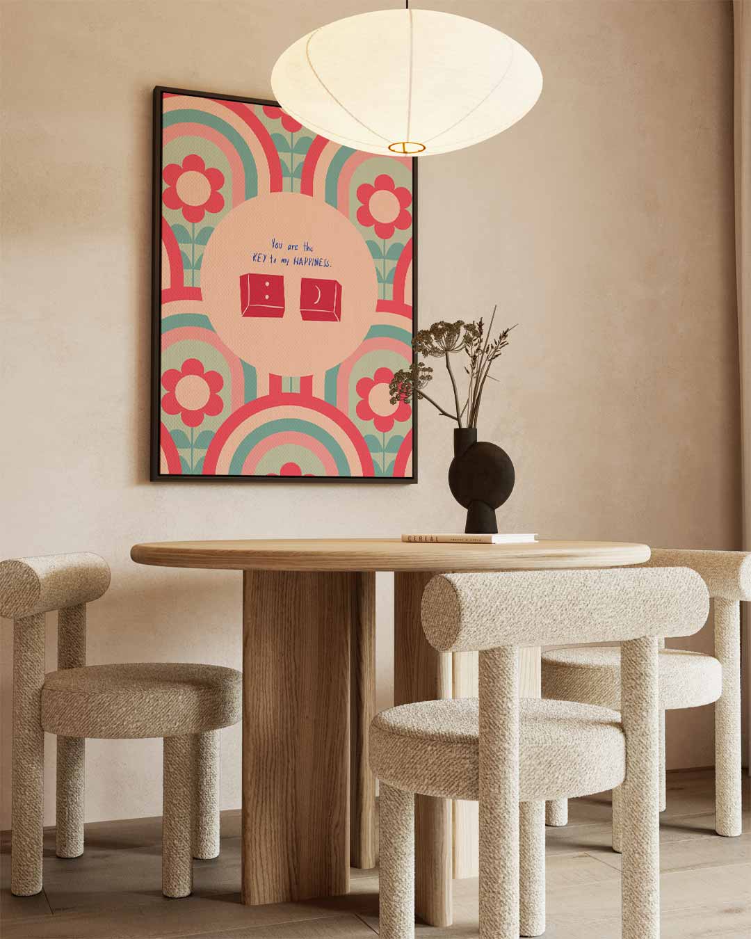 Retro Bloemen Geluksposter – kunstwerk met zwarte baklijst
