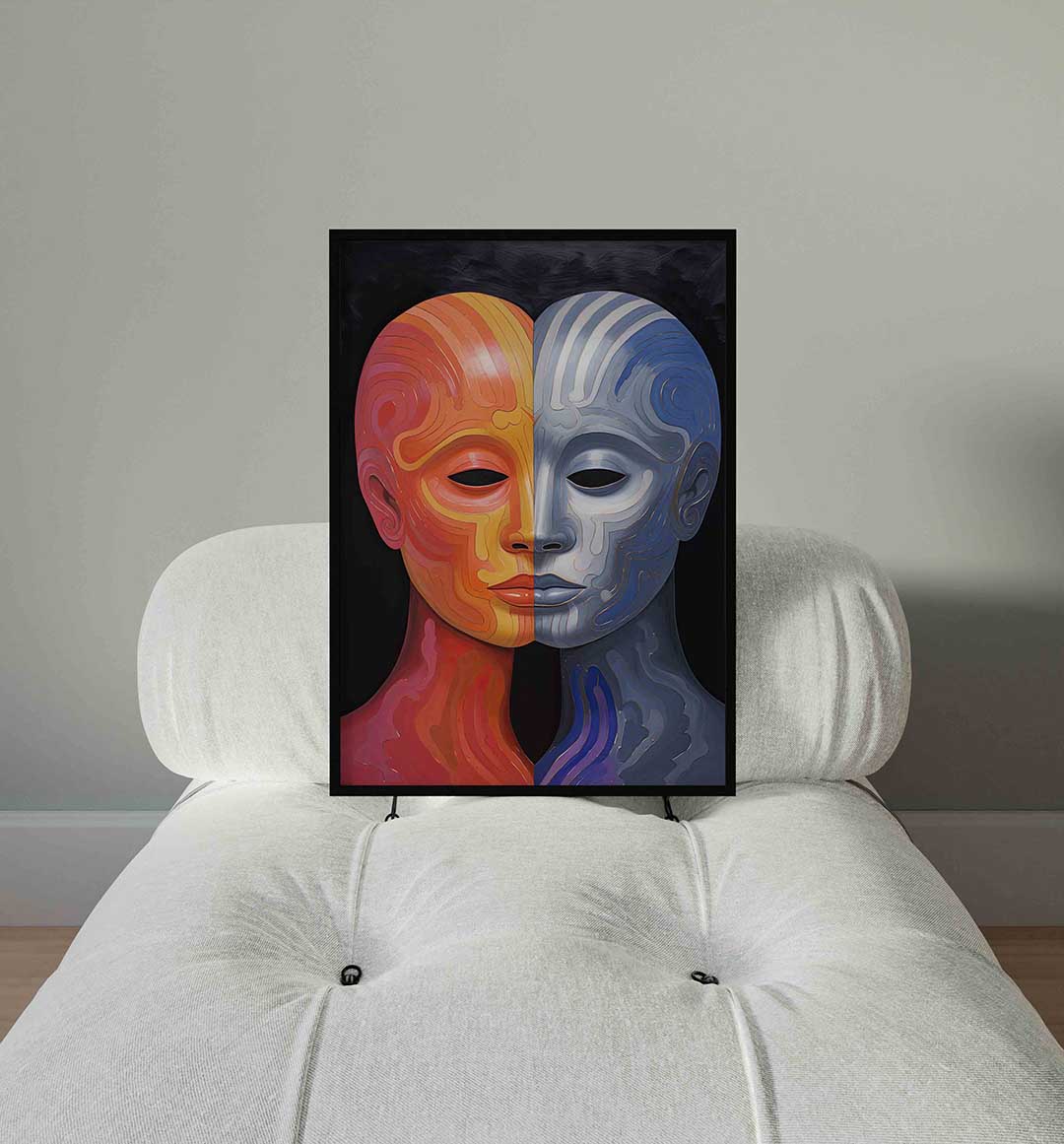 Tweekleurig gezicht – staande surrealistische wanddecoratie van WallArtistic