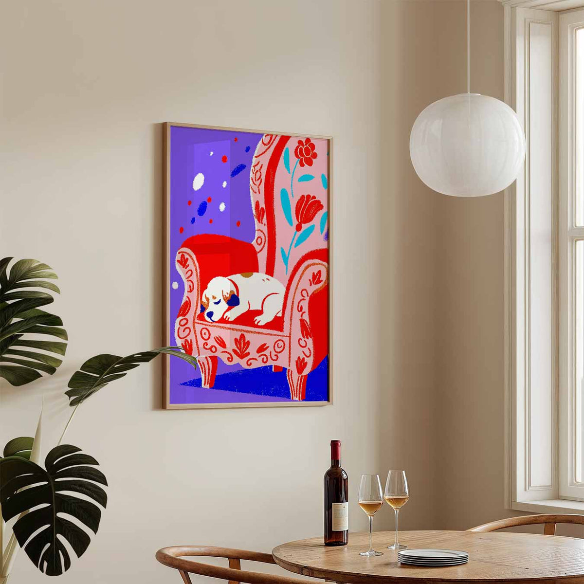 Dromerige Puppy op Bloemrijke Fauteuil – zomerse wandkunst als portret poster
