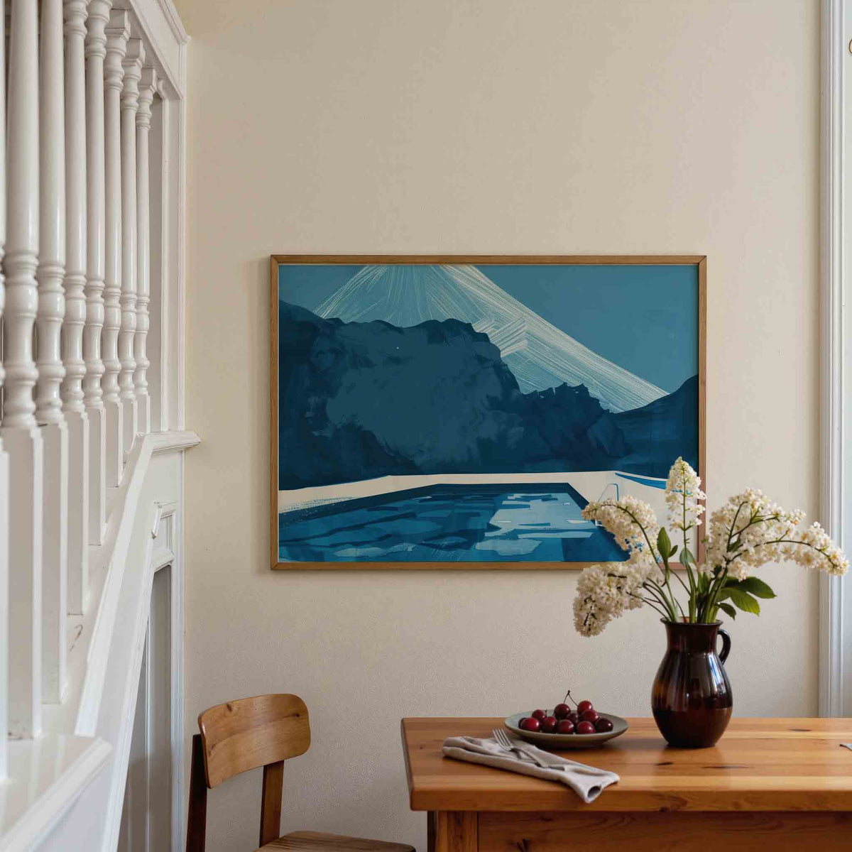 Zwembad en bergen – liggende illustratie poster als wanddecoratie