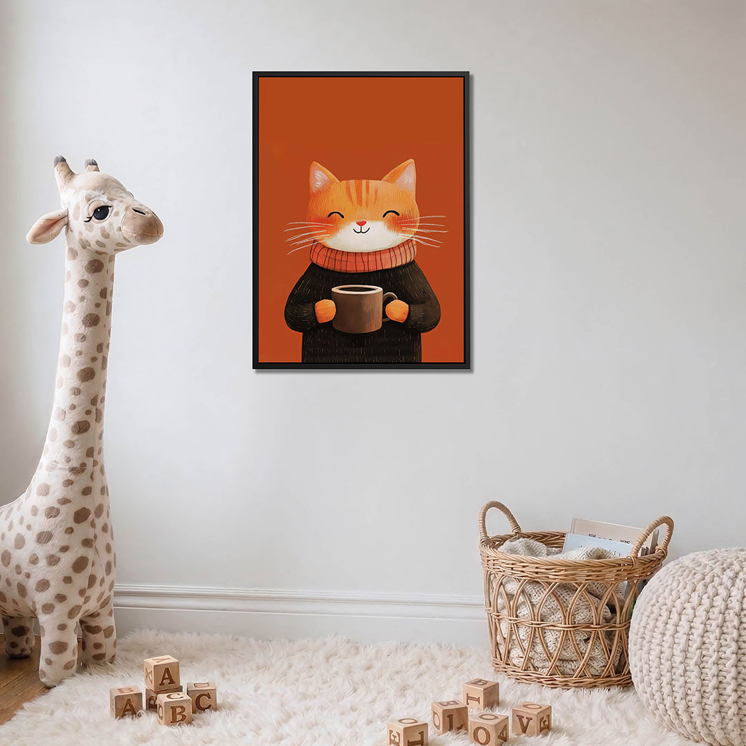 Vrolijke kat met mok – moderne staande wandkunst
