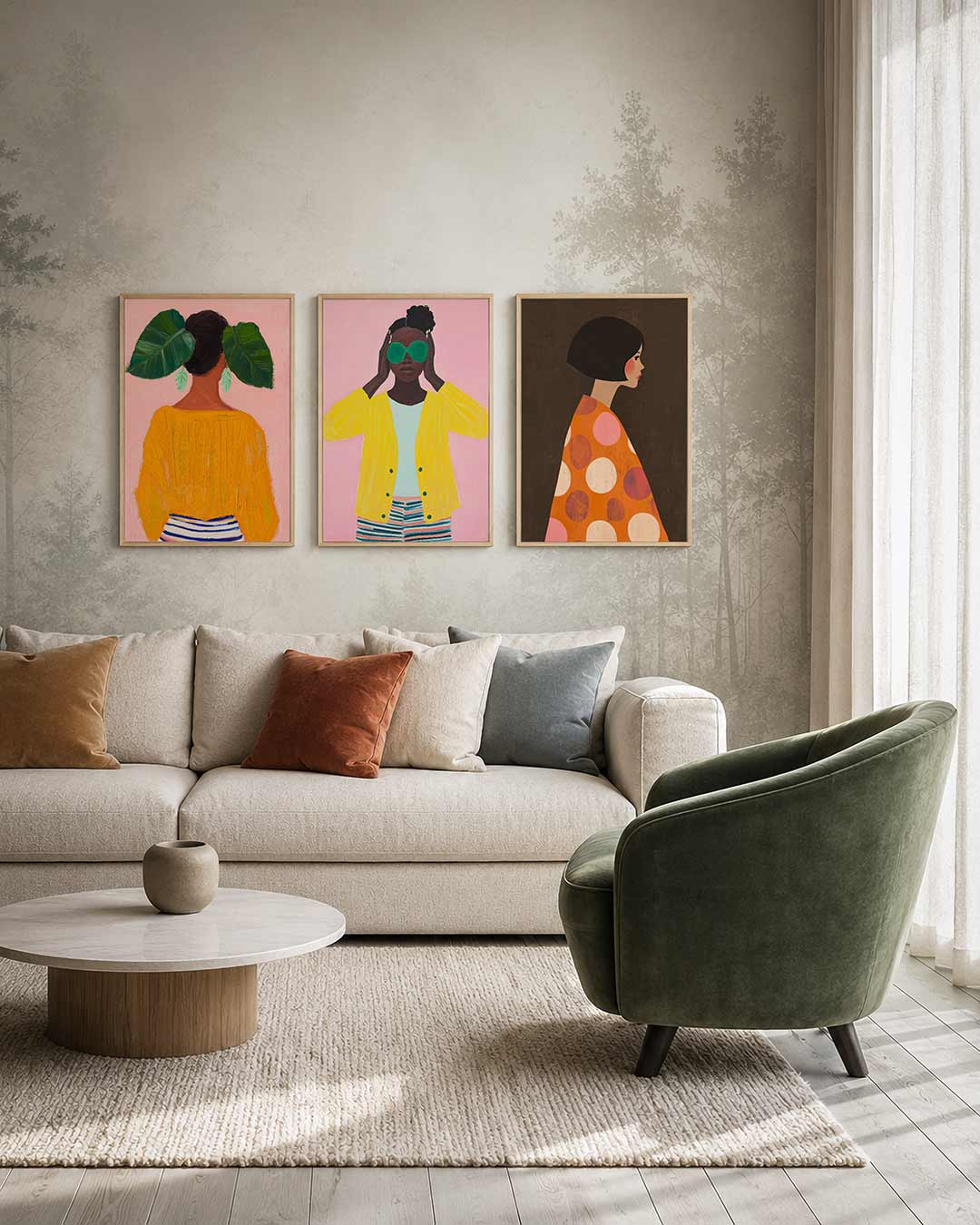 Kleurrijke harmonie driedelige posterset – een vrouw met een oranje trui en gestreepte rok staat tegen