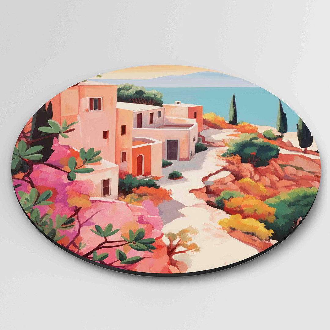 Mediterrane huizen – ronde wanddecoratie met abstract ontwerp