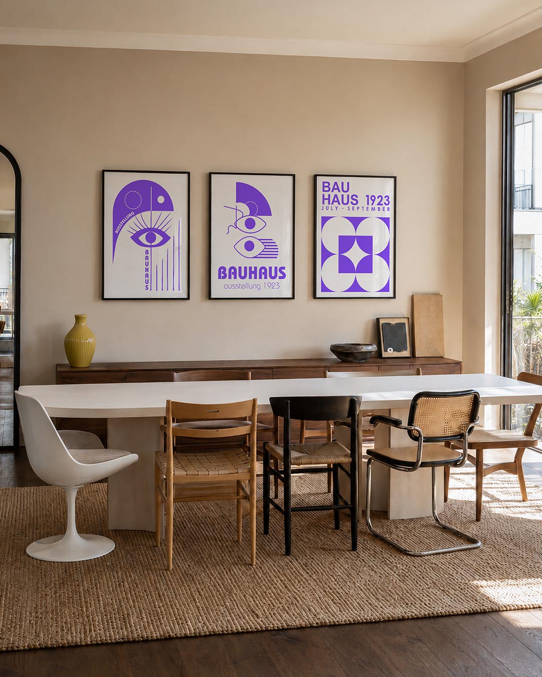 Oog en lijnen driedelige posterset – deze posterset in drie delen toont een groot paars oog met
