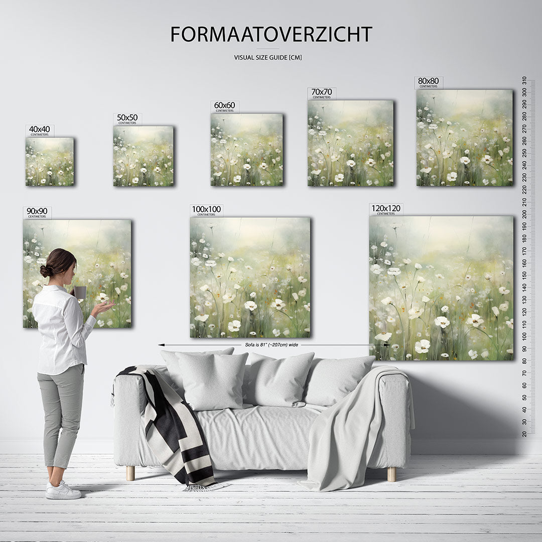 Dromerige bloemenweide kunstwerk – dit kunstwerk toont een bloemenweide met delicate witte bloemen tegen een zachte, groene