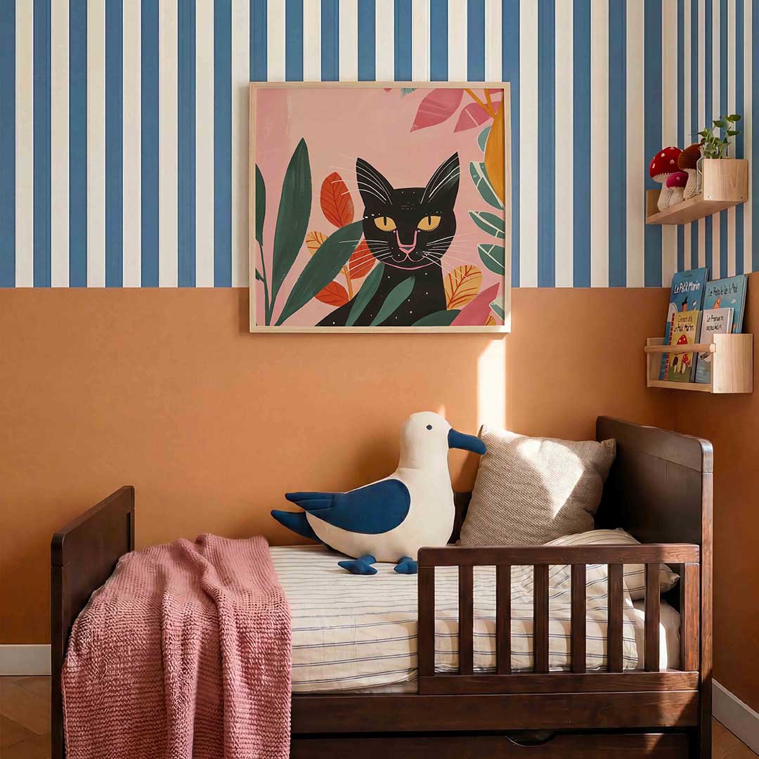 Zwarte kat en bladeren – kids poster in vierkant formaat