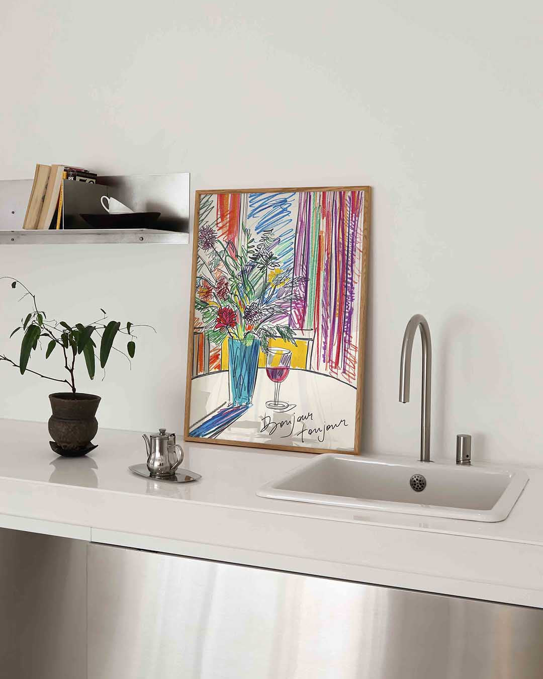 Bloemen in vaas met glas – keukenposter in staand formaat