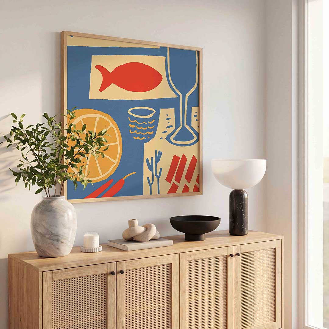 Vis en citrus – kleurrijke poster in vierkant formaat
