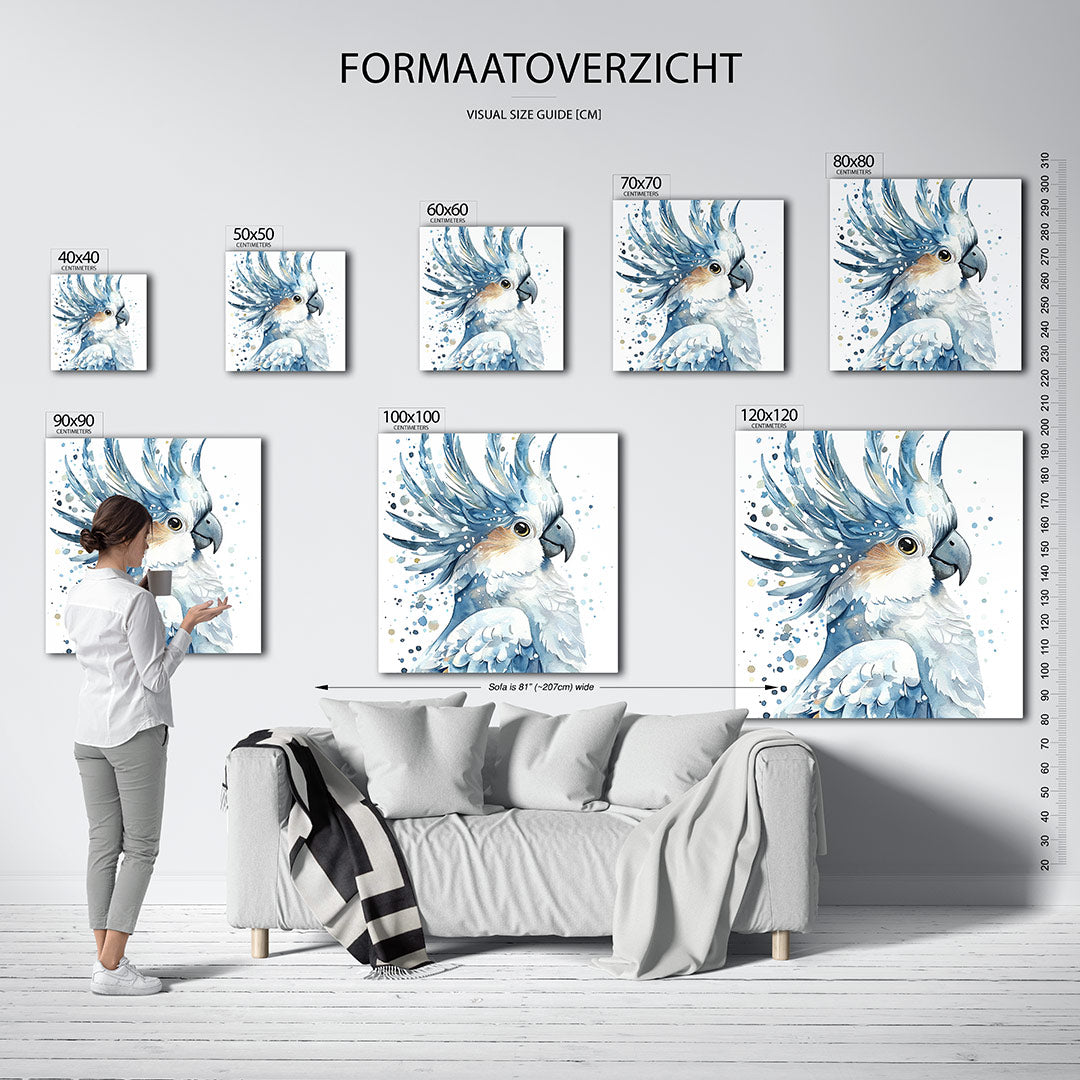 Vogelsilhouet in blauwtinten kunstwerk – dit werk toont een vogel met sierlijke blauwe veren en subtiele oranje accenten. De