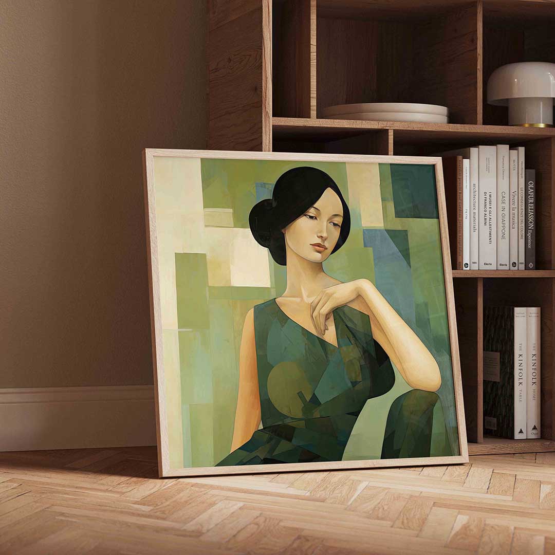 Vrouw in groene tinten – geïllustreerde wandkunst als vierkante poster