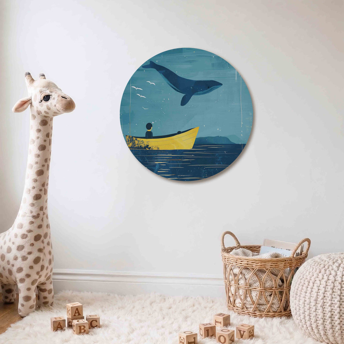 Walvis en boot Muurcirkel – Een grote blauwe walvis zweeft boven een gele boot op een blauwe achtergrond.
