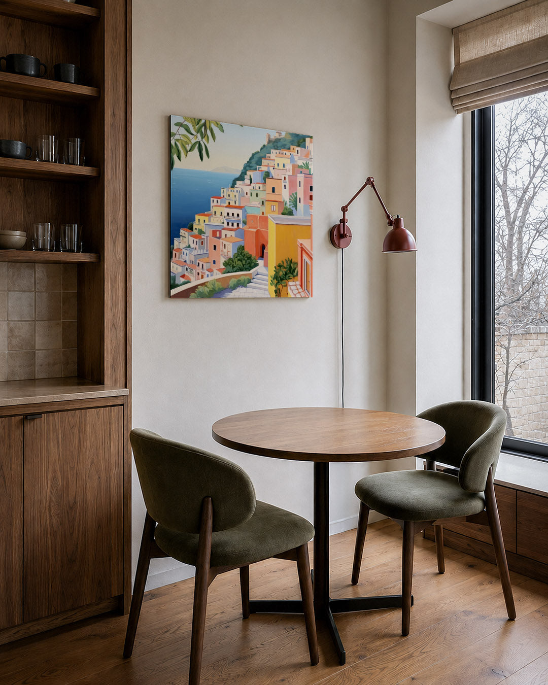 Vrolijke kusthuizen kunstwerk – derde productweergave – dit kunstwerk toont een levendig kustlandschap met kleurrijke huizen