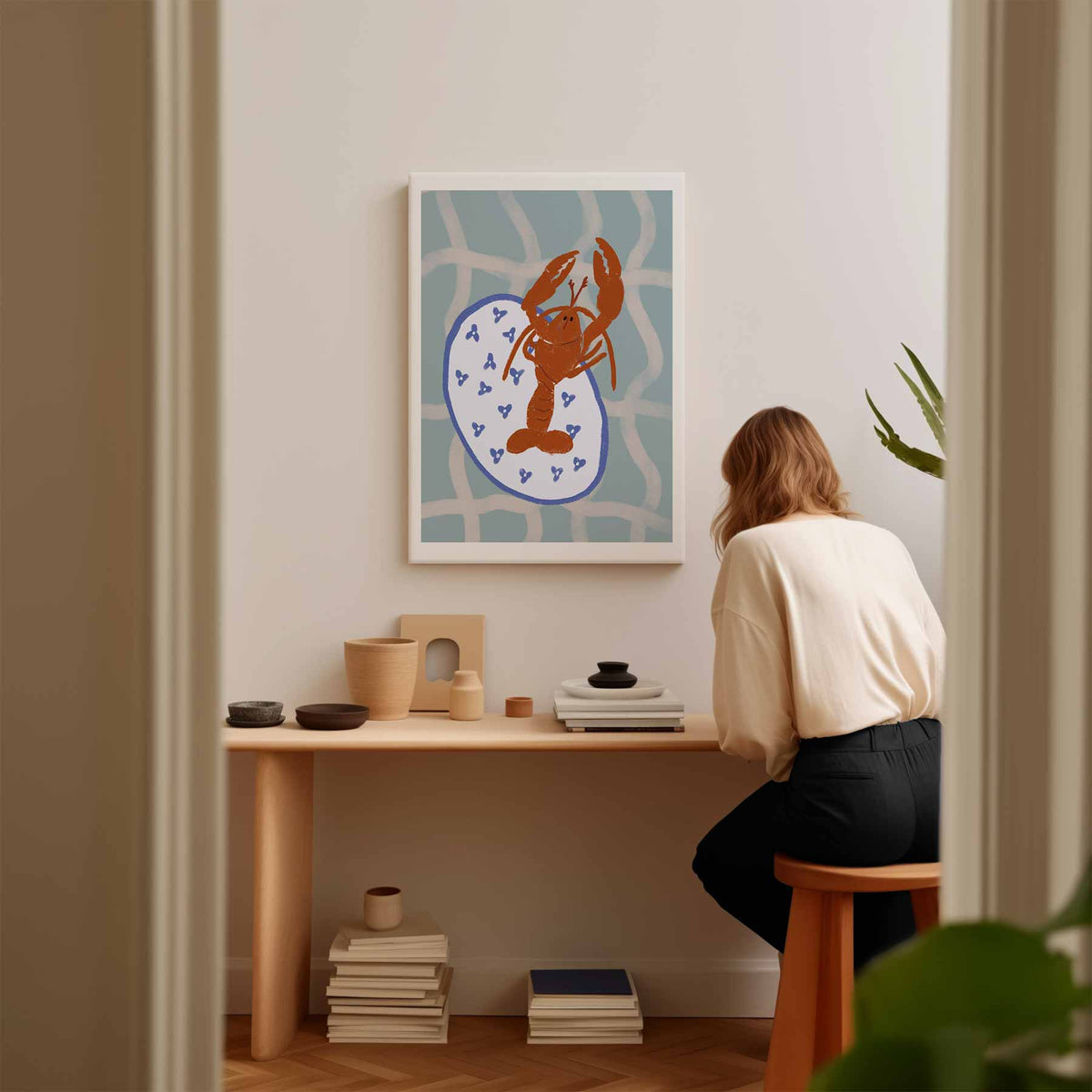 Dansende Kreeft op Servies – modern portret kunstwerk van WallArtistic