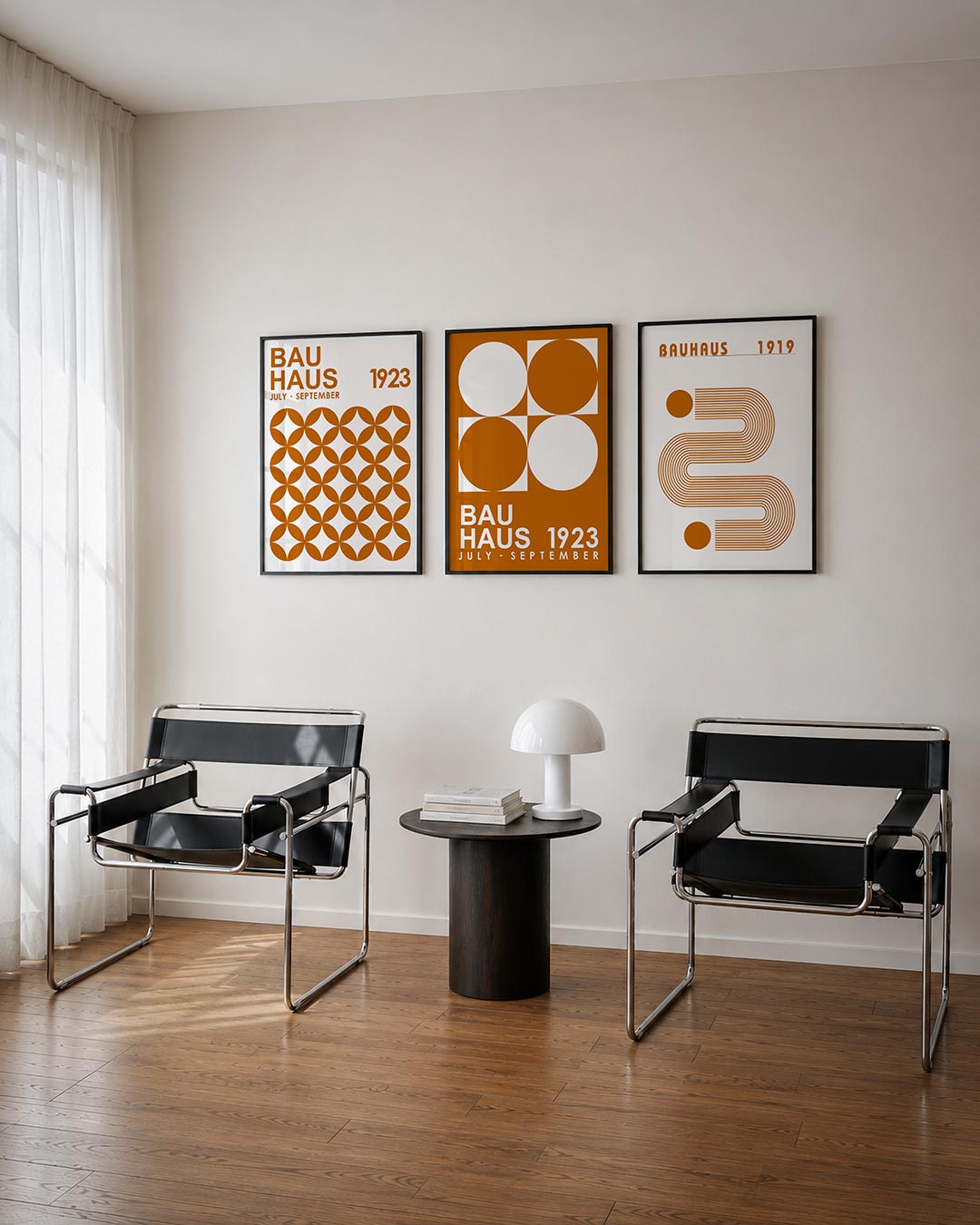 Vorm en ritme driedelige posterset – deze posterset in drie delen toont een speelse herhaling van oranje cirkelvormen op een